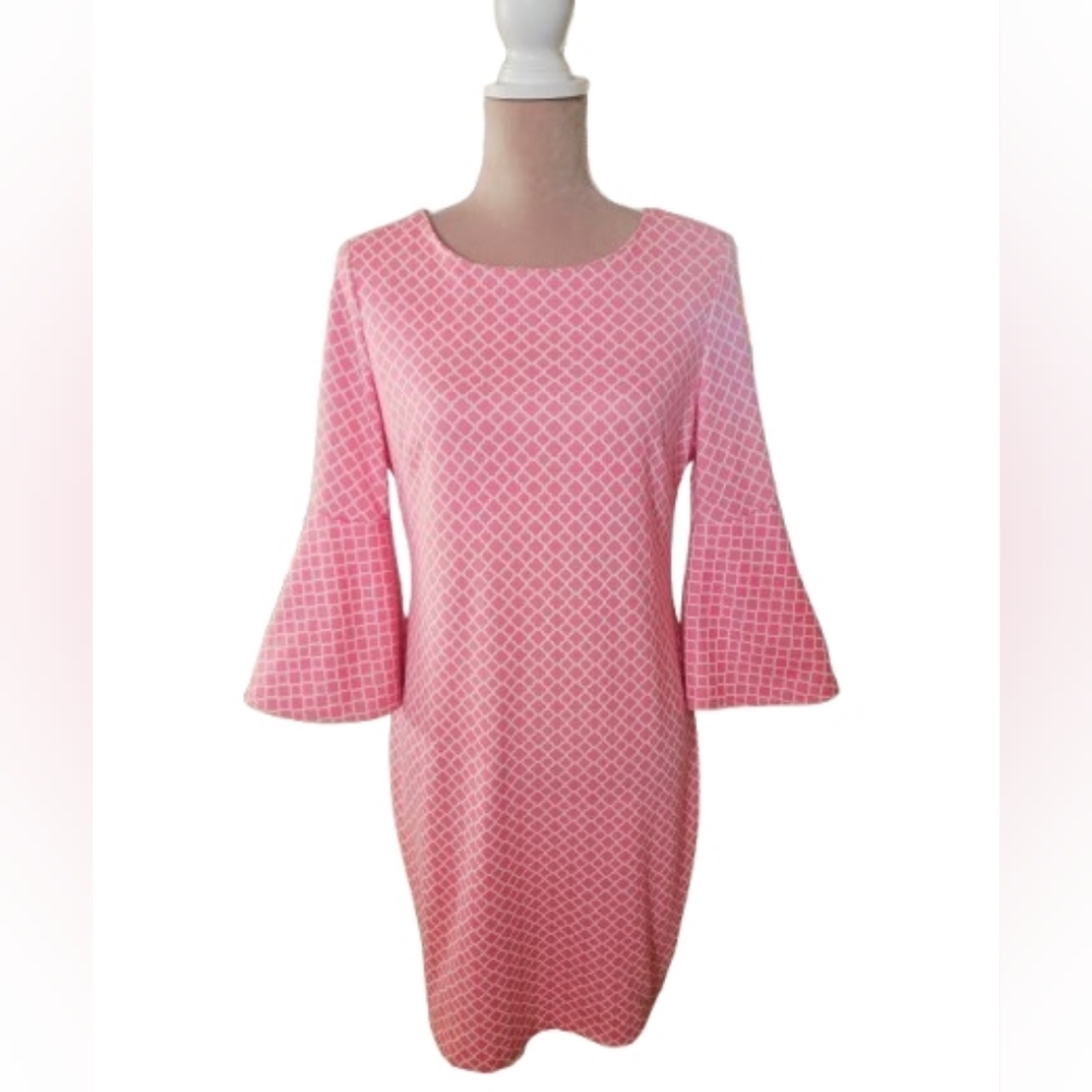 Tyler Boe Pink Geometric Bell Sleeve Shift Dress Medium Preppy Coastal Chic